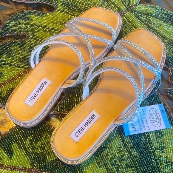 Brand New Steve Madden Glass Beaded Bling Multi Strap Slides  Slip On Sandals - Picture 6 of 15